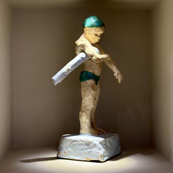 Sophie Gerspacher - terre-cuite, &eacute;maill&eacute;e, PU. Baigneur, 1 frite.