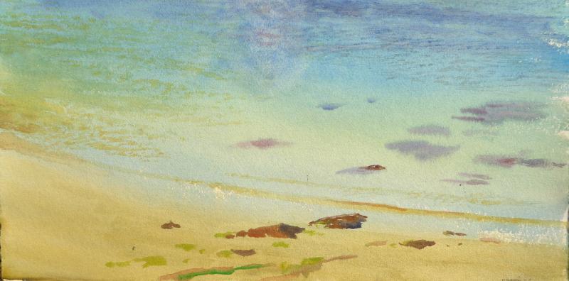 R&eacute;mi Hamoir - Plage & rochers, 44/76,5cm encadr&eacute;. VENDU