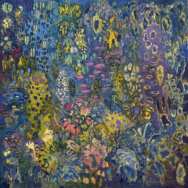 Jacques Dromart - L'&eacute;tang bleu - HST 100/100 cm + caisse am&eacute;ricaine