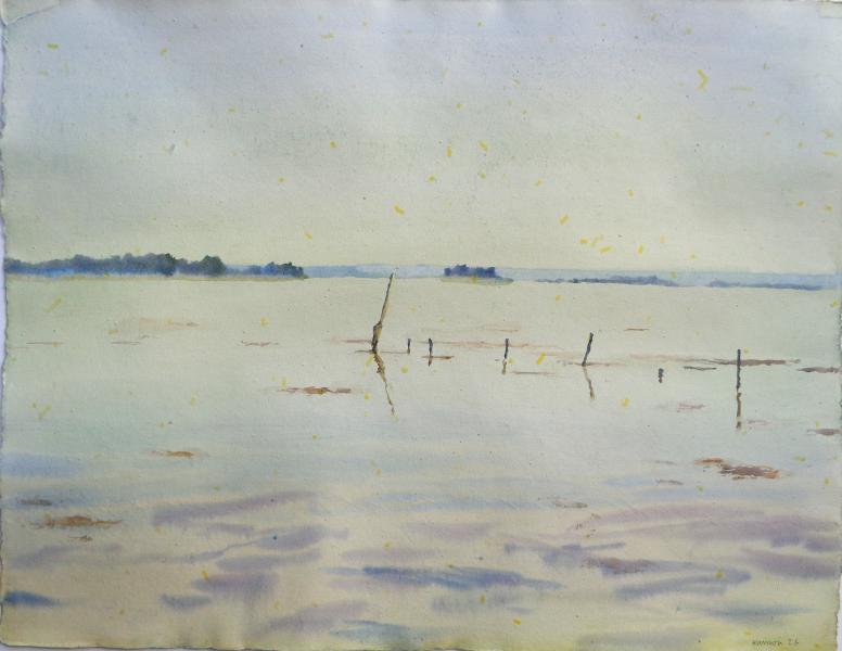 R&eacute;mi Hamoir - Parc &agrave; huitres, mar&eacute;e montante - 62/82cm encadr&eacute;. VENDU
