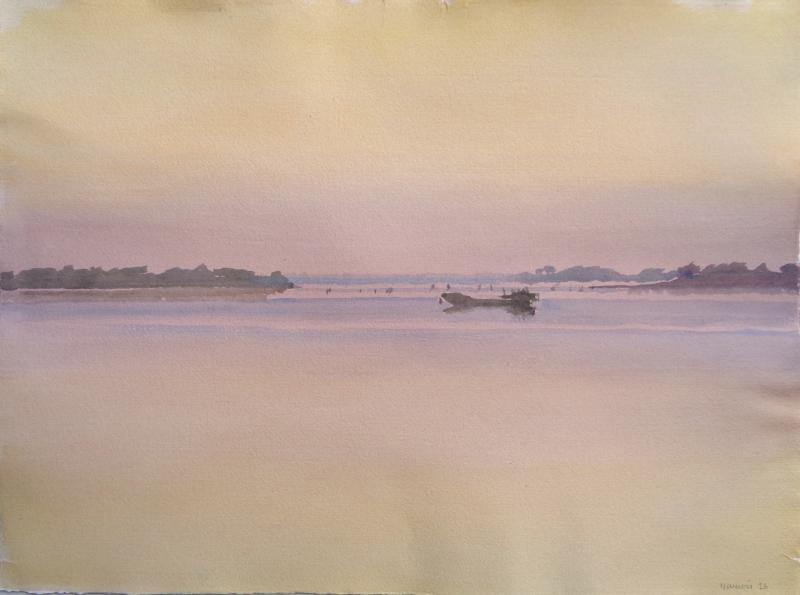 R&eacute;mi Hamoir - Cr&eacute;puscule sur le Golfe, 62/82cm encadr&eacute;.